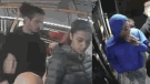 Three suspects wanted in connection with a shooting on a TTC bus on June 8 are shown in these surveillance camera images. (Toronto Police Service)