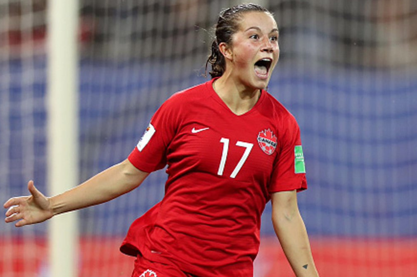 Jessie Fleming celebrates her first World Cup goal