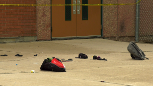 A backpack and some clothing are pictured outside of John M. King School. CTV photo