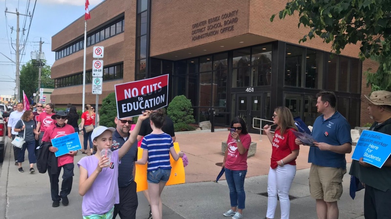 A number of people protested education cuts outside of the Greater Essex County District School Board office on June 18, 2019. ( Angelo Aversa / CTV Windsor )