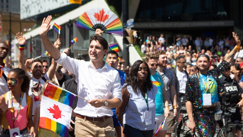Prime Minister Justin Trudeau walks in Toronto's Pride parade, on Sunday, June 23, 2019. THE CANADIAN PRESS/Chris Young
