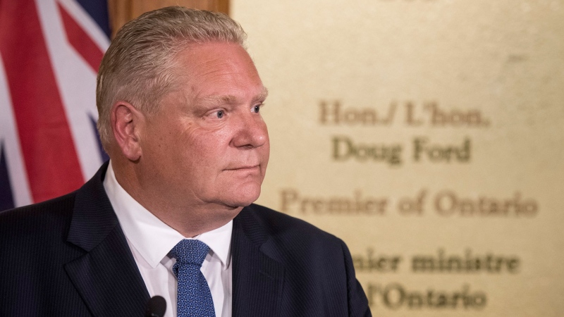 Ontario Premier Doug Ford speaks to the media following a cabinet shuffle at Queen's Park in Toronto on Thursday, June 20, 2019. (THE CANADIAN PRESS/ Tijana Martin)