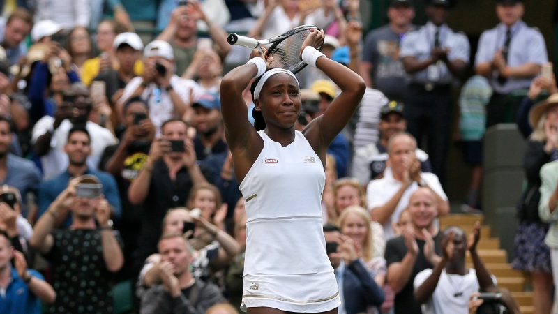 United States' Cori 'Coco' Gauff reacts after beating United States's Venus Williams in a Women's singles match during day one of the Wimbledon Tennis Championships in London, Monday, July 1, 2019. (AP Photo/Tim Ireland)