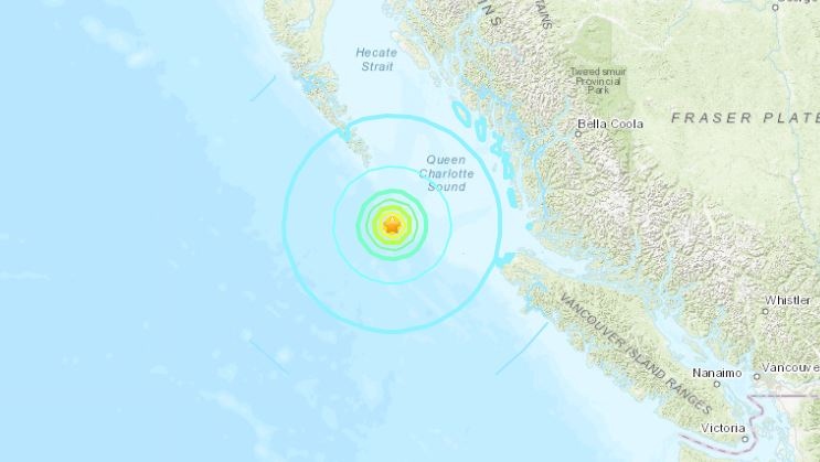  The United States Geological Survey says a 6.2 magnitude earthquake hit British Columbia's Haida Gwaii region around 9:30 p.m. local time Wednesday. (USGS)