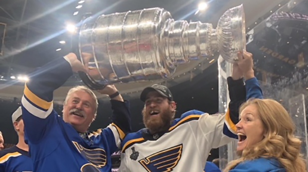 Ryan O'Reilly hoists the Stanley Cup trophy after the St. Louis Blues won the 2019 NHL championship. (Source: O'Reilly family)