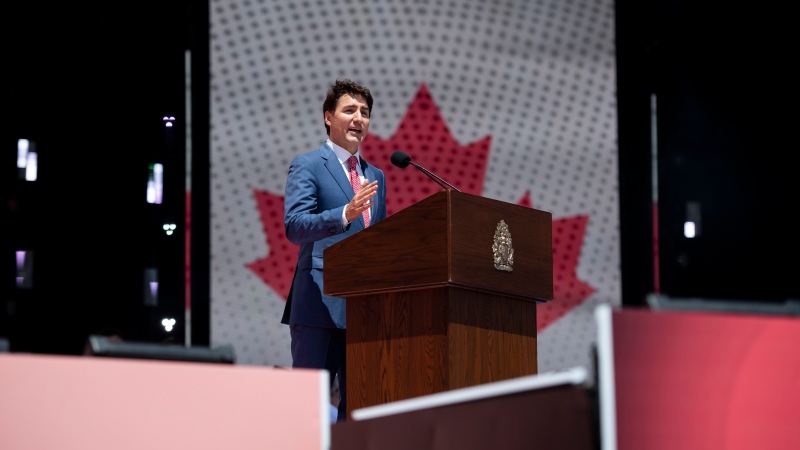 Prime Minister Justin Trudeau delivers an address during the Canada Day noon show on Parliament Hill in Ottawa on Monday, July 1, 2019. THE CANADIAN PRESS/Justin Tang 