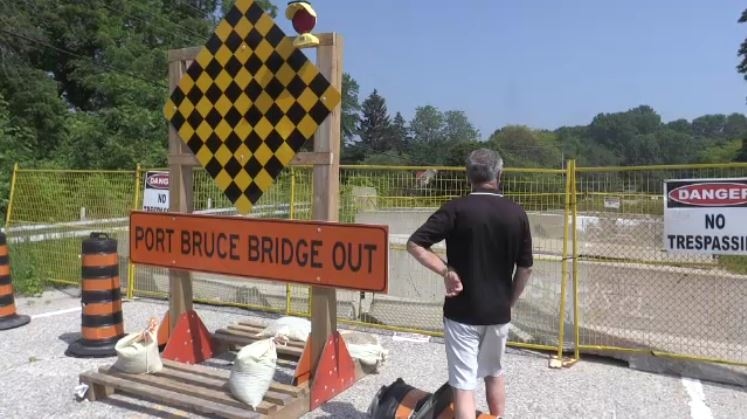 Barricades block access to the former Imperial Road Bridge in Port Bruce, Ont. on Friday, July 5, 2019. (Sean Irvine / CTV London)