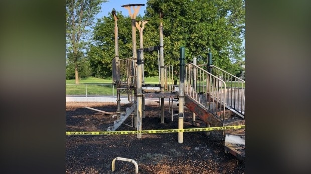 A burned-out play structure