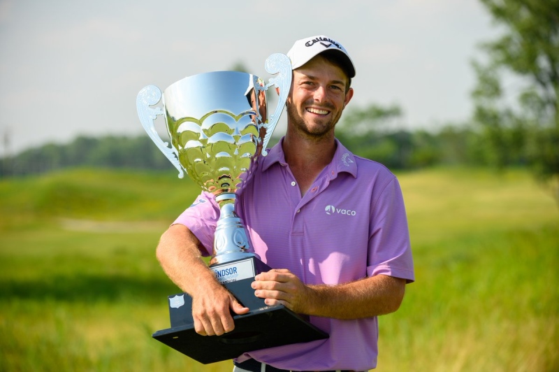 Dawson Armstrong shows off his hardware after winning the Windsor Championship in Windsor, Ont., on Sunday, July 7, 2019. (Mackenzie Tour / Twitter) 