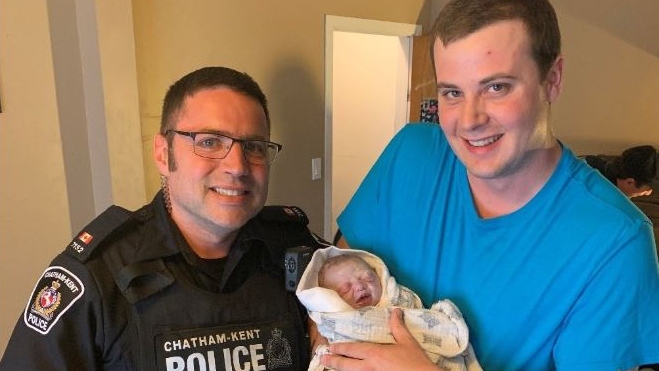 Const. Gary Oriet was assisted with the delivery of the baby girl in Chatham-Kent, Ont., on Tuesday, July 9, 2019. (Courtesy Chatham-Kent police)