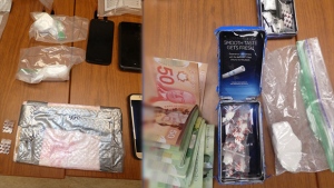 Drugs and cash allegedly seized from a drug bust in Bolton is displayed. (Caledon OPP)