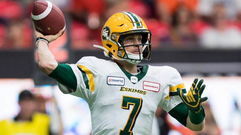 Edmonton Eskimos quarterback Trevor Harris passes during first half CFL football action against the B.C. Lions, in Vancouver, on Thursday, July 11, 2019. THE CANADIAN PRESS/Darryl Dyck