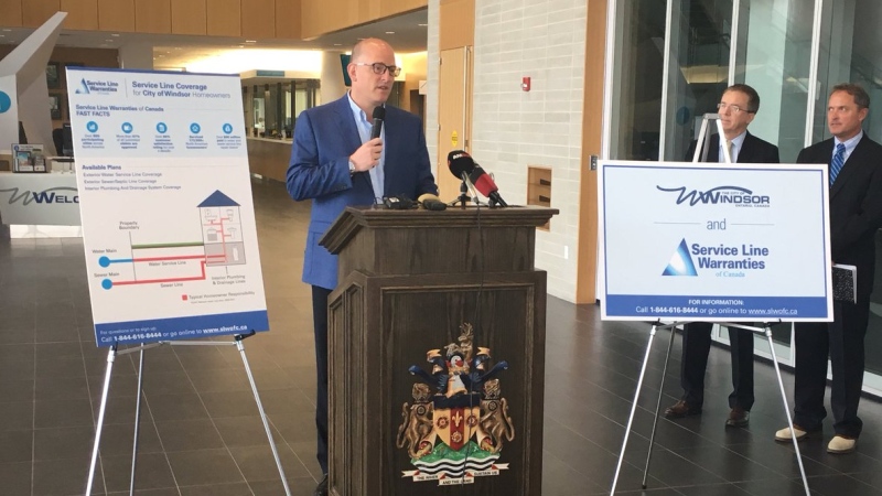 Windsor mayor Drew Dilkens making an announcement at city hall about a deal with Service Line Warranties of Canada in Windsor, Ont., on Thursday, July 18, 2019. (Chris Campbell / CTV Windsor) 