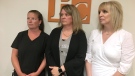 (From left) Bridget Thornton, Pamela Moxon and Lori Wheeler are part of a proposed class-action lawsuit. Lawyers have filed documents with a New Brunswick court seeking a class action lawsuit after a Fredericton massage therapist made secret video recordings of more than 100 of his female patients in various states of undress. (THE CANADIAN PRESS/Kevin Bissett)