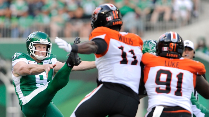 Saskatchewan Roughriders punter Jon Ryan sends the ball deep during first half CFL action against the BC Lions, at Mosaic Stadium in Regina on Saturday, July 20, 2019. THE CANADIAN PRESS/Mark Taylor