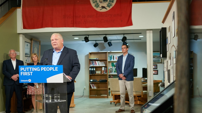 Premier Doug Ford speaks during a funding announcement for rural broadband in Lucan, Ontario, Tuesday, July 23, 2019. THE CANADIAN PRESS/ Geoff Robins