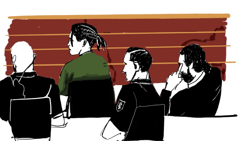 Court sketch depicts A$AP Rocky in green shirt