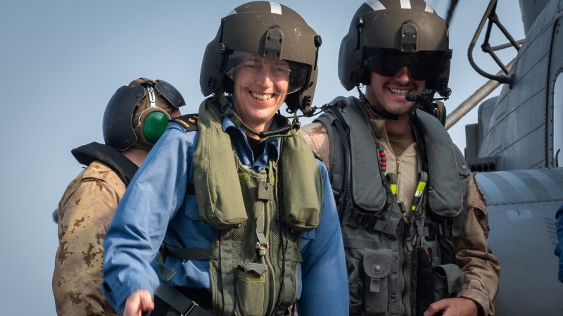 Standing NATO Maritime Group 2 Commander, Commodore Josée Kurtz arrives on the Flag Ship Her Majesty's Canadian Ship Toronto on the flight deck while in the Mediterranean Sea on June 21, 2019 in this handout photo.  (THE CANADIAN PRESS/HO, MCpl Manuela Berger, Canadian Armed Forces)