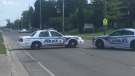 London police cruisers block Second Street in London, Ont. on Friday, Aug. 2, 2019 for a weapons investigation. 
(Jim Knight / CTV London) 