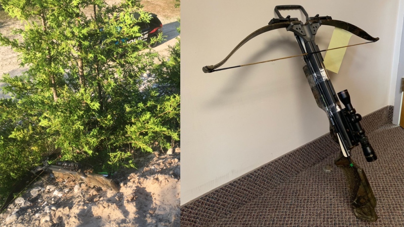 A crossbow allegedly used to shoot at a woman on Monday, Aug. 5, 2019, is seen in these images released by the West Grey Police Service.