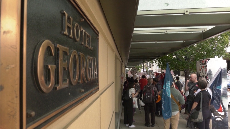 In June, almost 100 current staff members protested outside Rosewood Hotel Georgia. (CTV)
