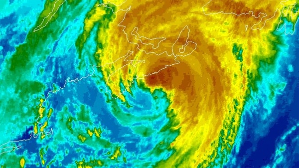 Hurricane Bill moves along Nova Scotia's southern coastline, as seen in this NOAA satellite image taken at at 12:15 p.m. ET on Sunday, Aug. 23, 2009.