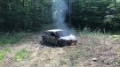 A stolen vehicle later found on fire in West Grey, Ont. on Tuesday, Aug. 13, 2019 is seen in this image from West Grey police.