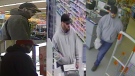 Photos released by police in London, Ont. on Thursday, Aug. 15, 2019 show a suspect sought in pharmacy robberies in the city in May and August.