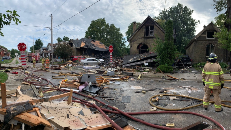 Damage on Woodman Avenue is seen a day after an explosion rocked the area in London, Ont., Thursday, Aug. 15, 2019. (@PCElliottLPS / Twitter)