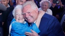 Ontario PC leader Doug Ford is congratulated by former Mississauga mayor Hazel McCallion after winning a majority government in the Ontario Provincial election in Toronto, on Thursday, June 7, 2018. THE CANADIAN PRESS/Mark Blinch