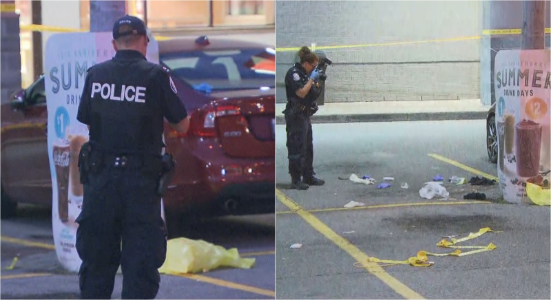 Police investigate after a shooting at a plaza near Highway 401 and Weston Road on August 20. (CTV News Toronto)