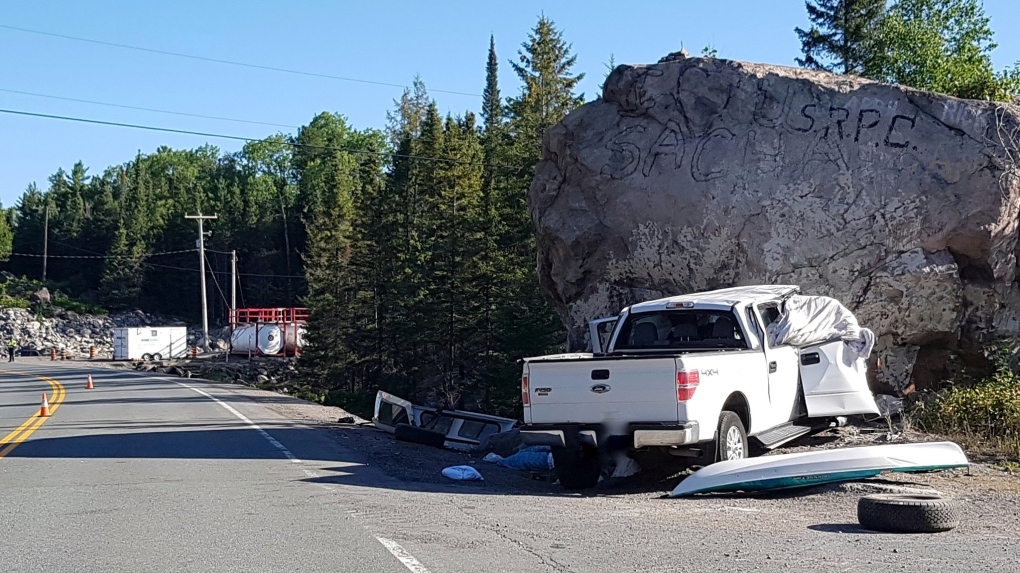 Truck hits rock cut on Hwy 144 south of Cartier