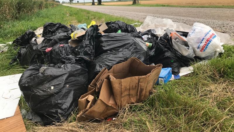 A pile of illegally dumped garbage sits on a rural property on Ten Mile Road in Middlesex Centre, Ont. on Tuesday, Aug. 20, 2019. (Sean Irvine / CTV London)