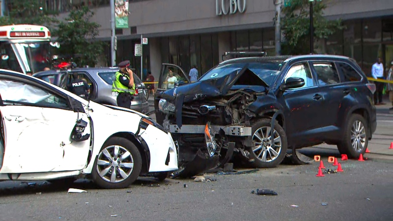 The scene of a downtown collision in Toronto on August 22, 2019 is seen. (CTV News Toronto) 