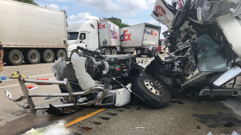 A damaged transport truck is seen after a crash in Sarnia, Ont. on Tuesday, Aug. 20, 2019. (Source: Lambton County OPP)