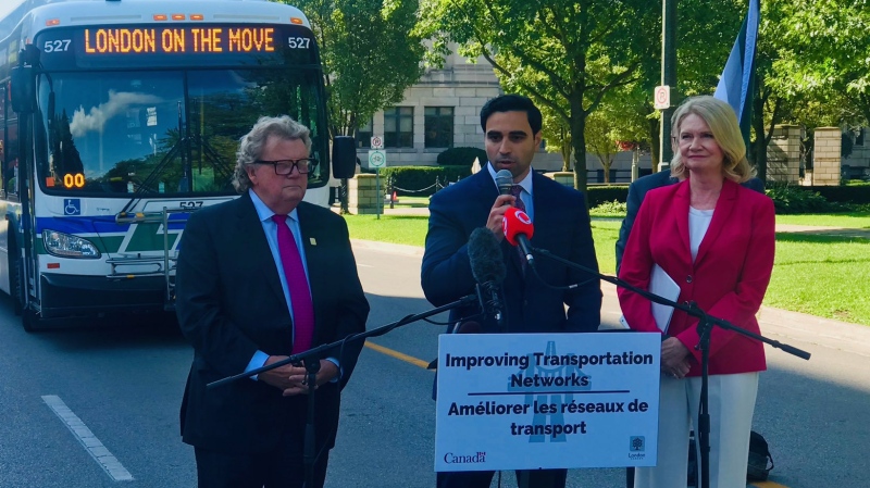 From left, London Mayor Ed Hold and MPs Peter Fragiskatos and Kate Young announce funding for transit projects in London, Ont. on Friday, Aug. 23, 2019. (@pfragiskatos / Twitter)