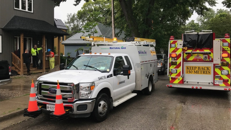 Gas and fire crews work at the scene of a gas leak in London, Ont. on Tuesday, Aug. 27, 2019. (Sean Irvine / CTV London)