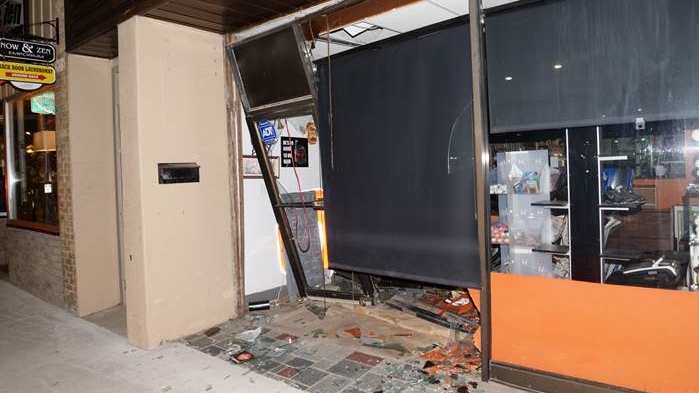 Damage to a business is seen after a hit-and-run crash in St. Thomas, Ont. on Thursday, Aug. 29, 2019. (Source: St. Thomas Police Service)