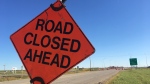 A road closed sign is seen on Tower Road near the intersection with Highway 1, where construction crews will be doing some work for the next few weeks. (Cole Davenport/CTV Regina)