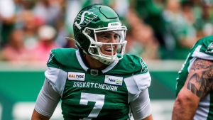 Saskatchewan Roughriders quarterback Cody Fajardo (7) celebrates a touchdown during first half CFL action against the Ottawa Redblacks, in Regina, Saturday, Aug. 24, 2019. To move atop the West Division standings, Fajardo and the Saskatchewan Roughriders will have to do something no other CFL club has this season: Beat the Winnipeg Blue Bombers at home.THE CANADIAN PRESS/Matt Smith