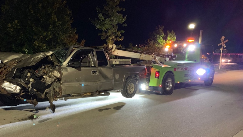 Saugeen Shores police say a Port Elgin man crashed a pickup truck into a tree and fled the scene on Saturday, Sept. 7, 2019.
(Source: Saugeen Shores police) 