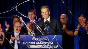 Manitoba PC leader and Premier-elect Brian Pallister celebrates winning the Manitoba election in Winnipeg, Tuesday, September 10, 2019. THE CANADIAN PRESS/John Woods