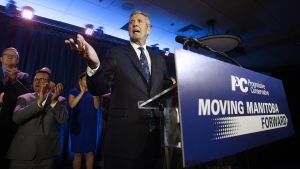 Manitoba PC leader and premier Brian Pallister celebrates winning the Manitoba election in Winnipeg, Tuesday, September 10, 2019. THE CANADIAN PRESS/John Woods