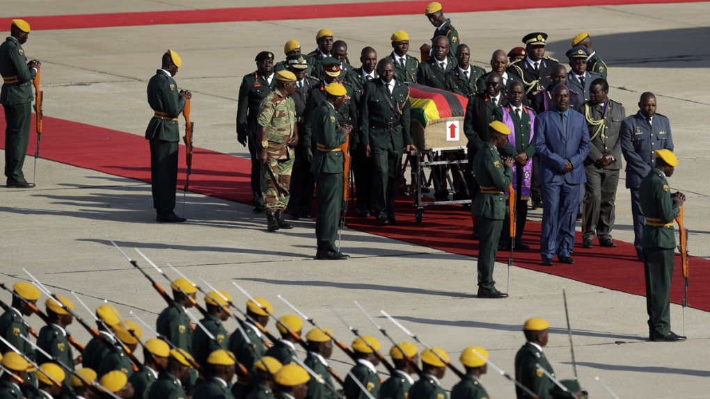 A coffin carrying Robert Mugabe's remains