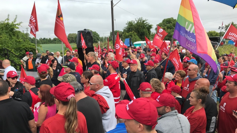 Nemak workers and their supporters have gathered for a rally near the plant in Windsor, Ont., on Thursday, Sept. 12, 2019. (Michelle Maluske / CTV Windsor)