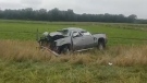 A pickup is seen after a single vehicle crash on Highway 59 south of Norwich, Ont. on Friday, Sept. 13, 2019. (@OPP_WR / Twitter)
