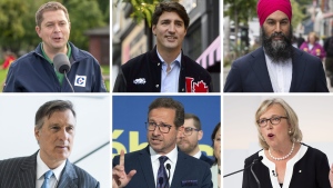 Conservative Party of Canada Leader Andrew Scheer, Liberal Party Leader Justin Trudeau, NDP Leader Jagmeet Singh, Green Party Leader Elizabeth May, Bloc Quebecois Leader Yves-Francois Blanchet and People's Party of Canada Leader Maxime Bernier are pictured in this composite image. (Images via The Canadian Press)