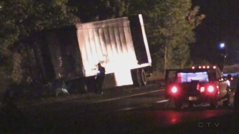 OPP investigate following a fatal crash on Highway 401 in London, Ont. on Monday, Sept. 16, 2019.. (Daryl Newcombe / CTV London)