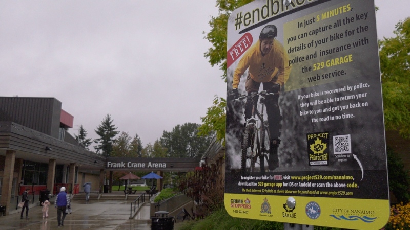A new sign at the Frank Crane Arena is one of several throughout the city raising awareness about Nanaimo's bike-theft prevention program. (CTV Vancouver Island)