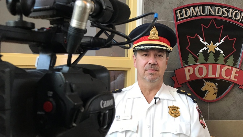 Dep. Chief André Madore discusses the investigation of a potential clandestine drug lab at a rooming house in Edmundston, N.B., on Sept. 20, 2019.